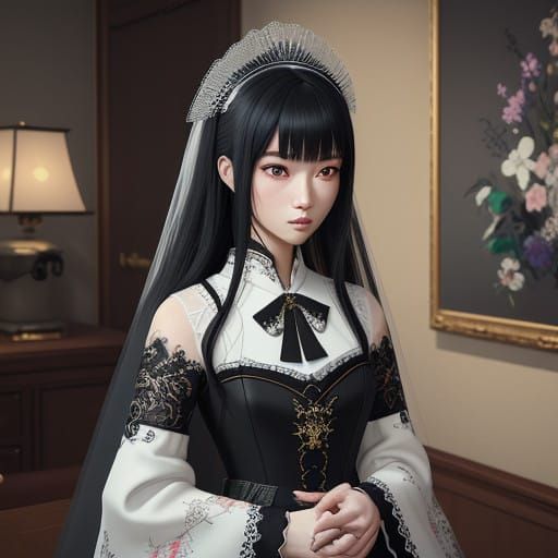 Mysterious Anime Bride in Elegant Black Wedding Gown
