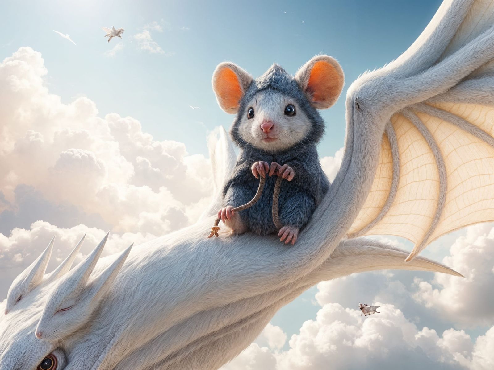 Mouse Soars on Clouds with Majestic White Dragon in Stunning...