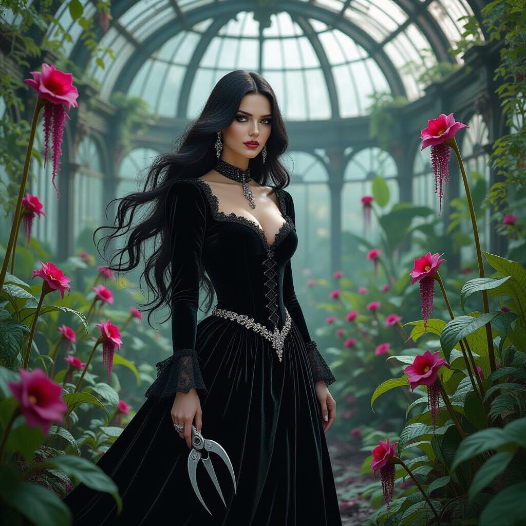 Gothic Woman in Greenhouse of Carnivorous Plants