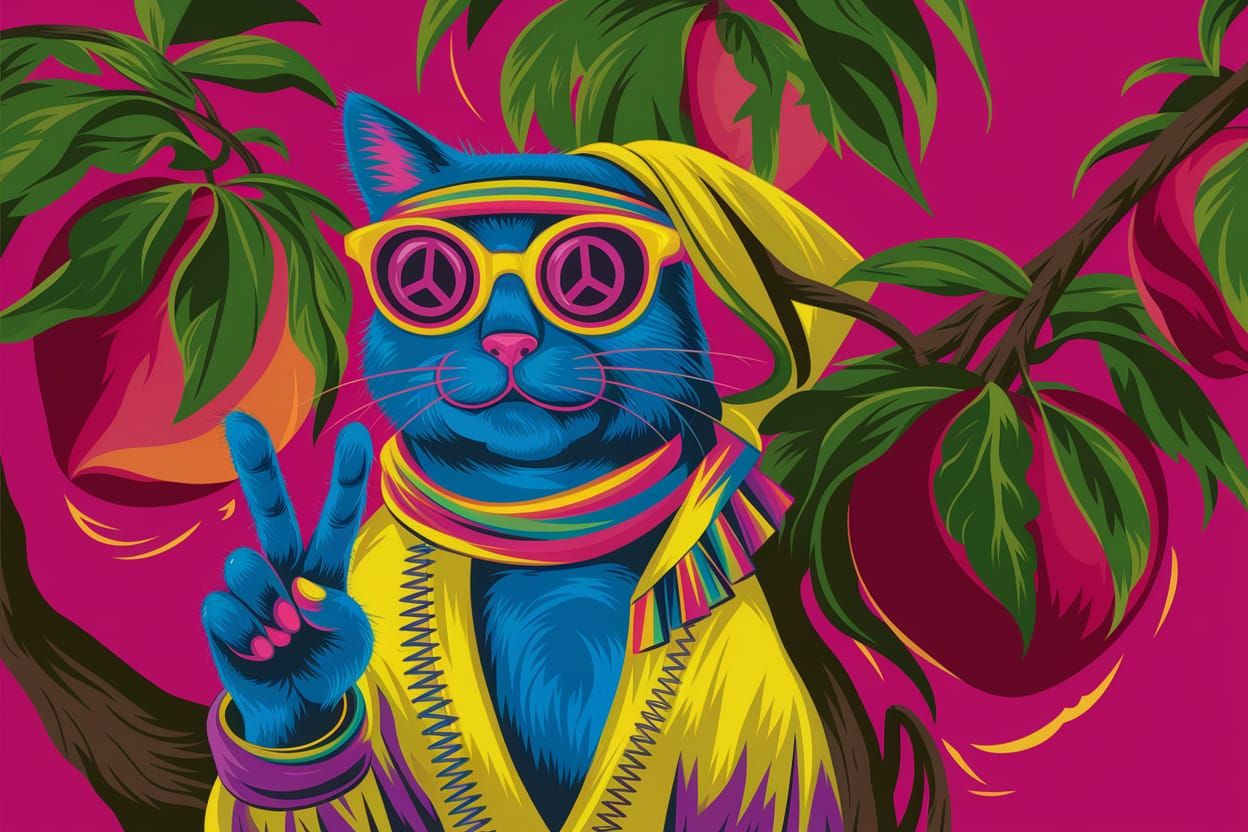 1960s Psychedelic Cat Art in Day-Glo Colors