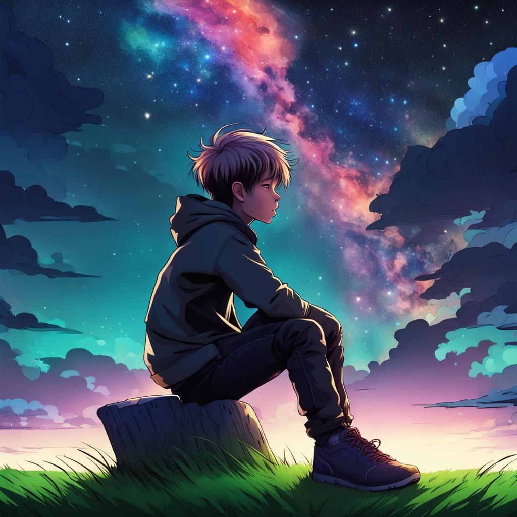 Boy Gazing at Starry Galaxy in Cyberpunk Style
