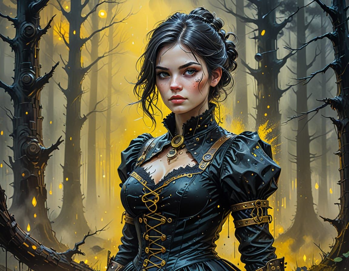 Steampunk Woman in Misty Forest, Oil on Canvas