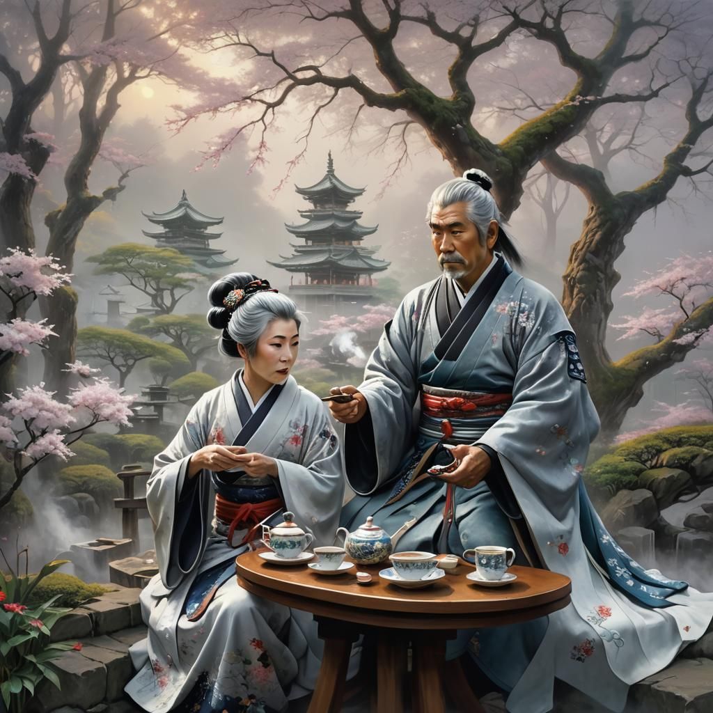 Samurai and Geisha Share Tea, Fantasy Art