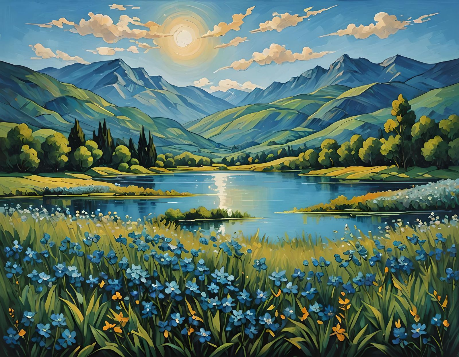 Blue Lake Landscape in Van Gogh Impasto Style