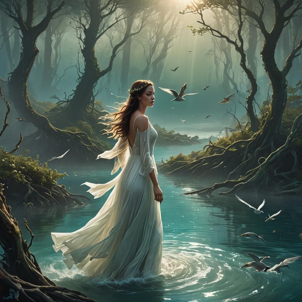 Girl Swims in Forest Sea: Fantasy Matte Painting