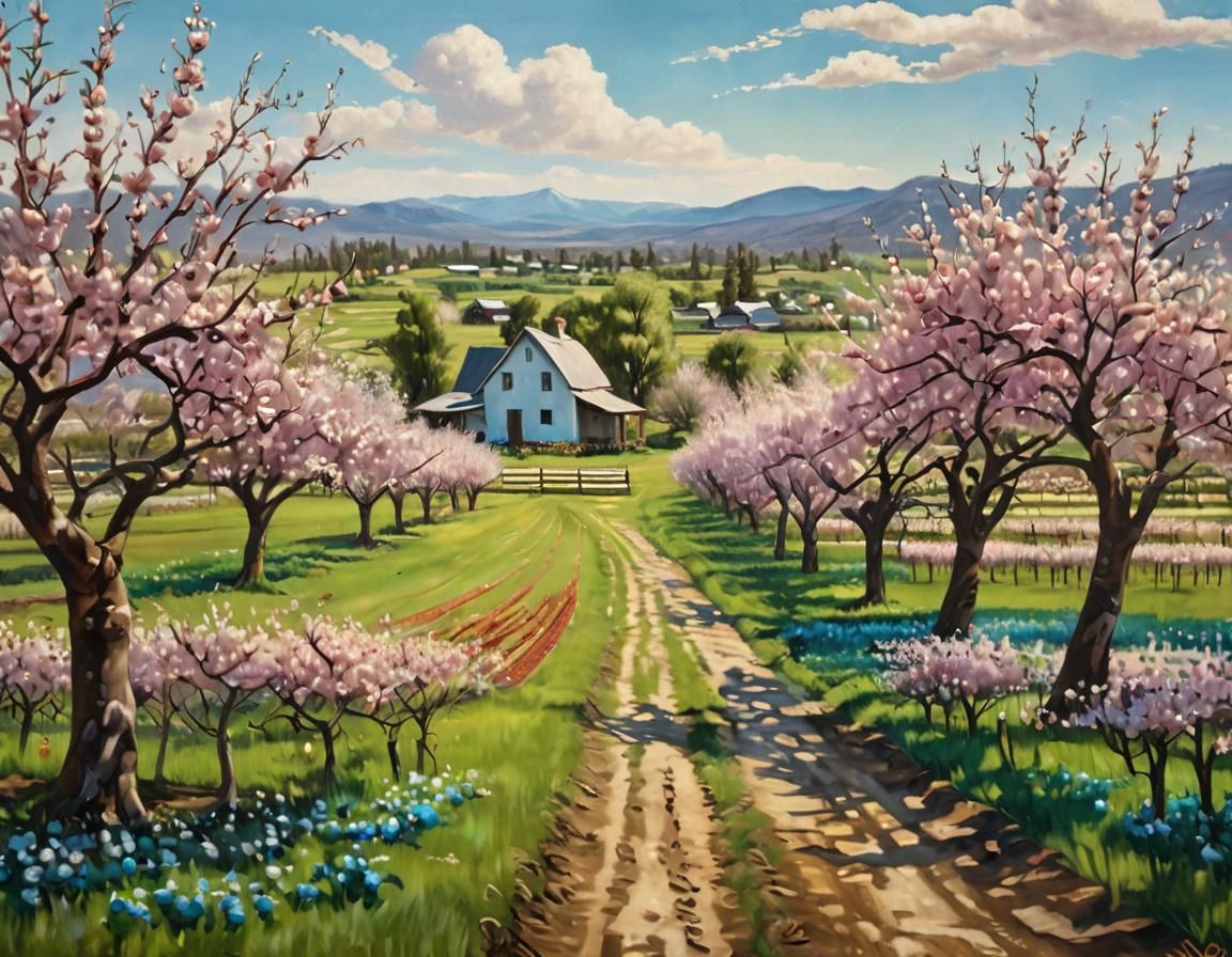 Blooming Orchard: Oil Painting of Rural Homestead