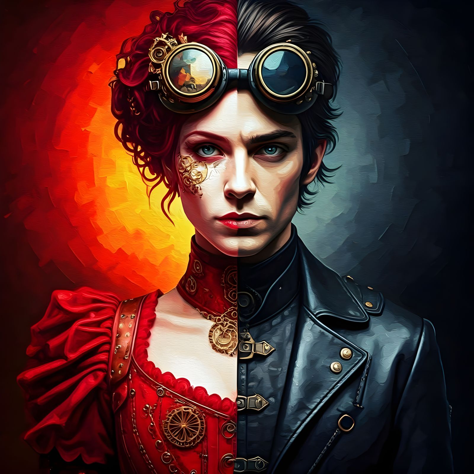 Bisected Figures in Vibrant Steampunk and Dark Post-Impressi...