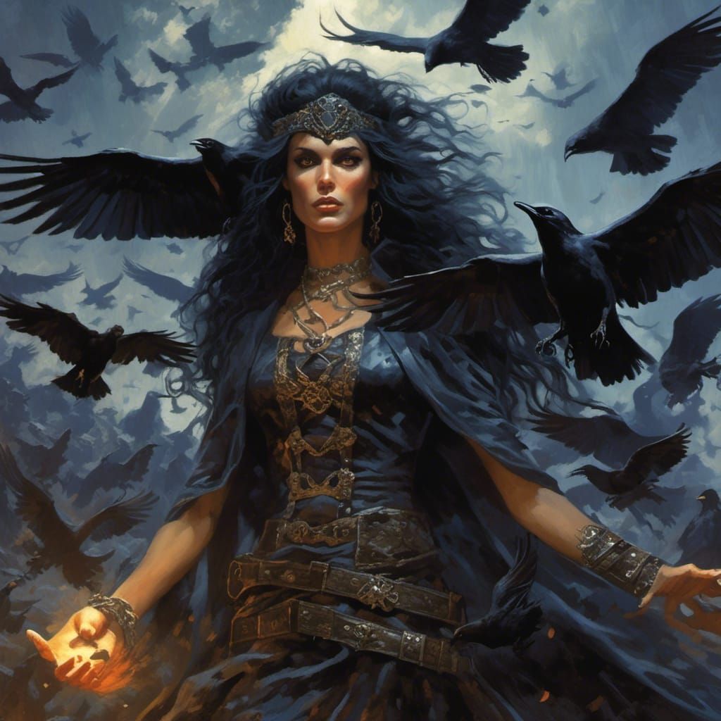 Stunning Witch Commands Ravens, Hyperreal Art