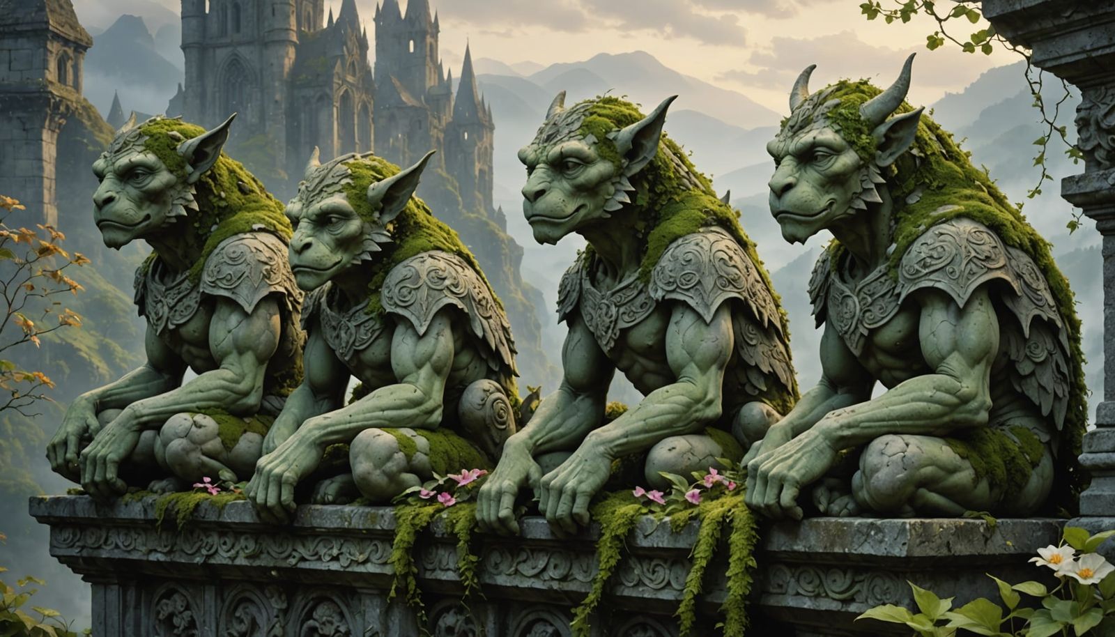Moss-Covered Gargoyles Overlooking Misty Valley at Dawn