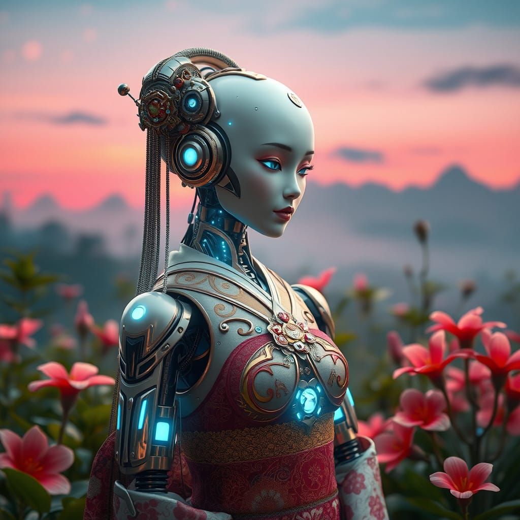 Robot Geisha in Vibrant Floral Bliss