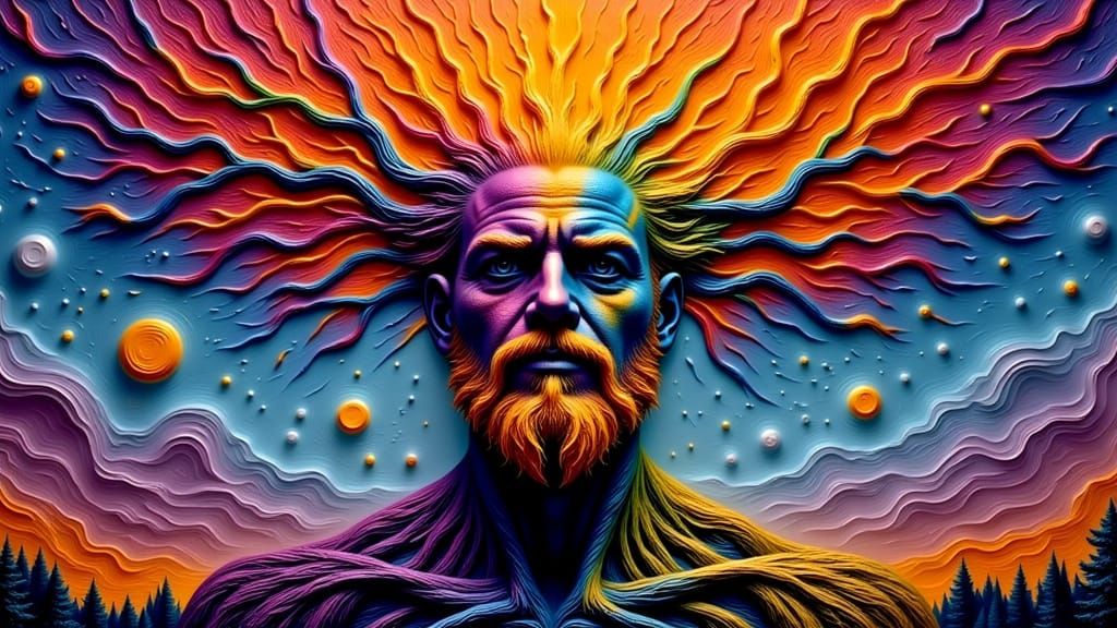 Fractal Faced Man with Rainbow Moss, Impasto Style