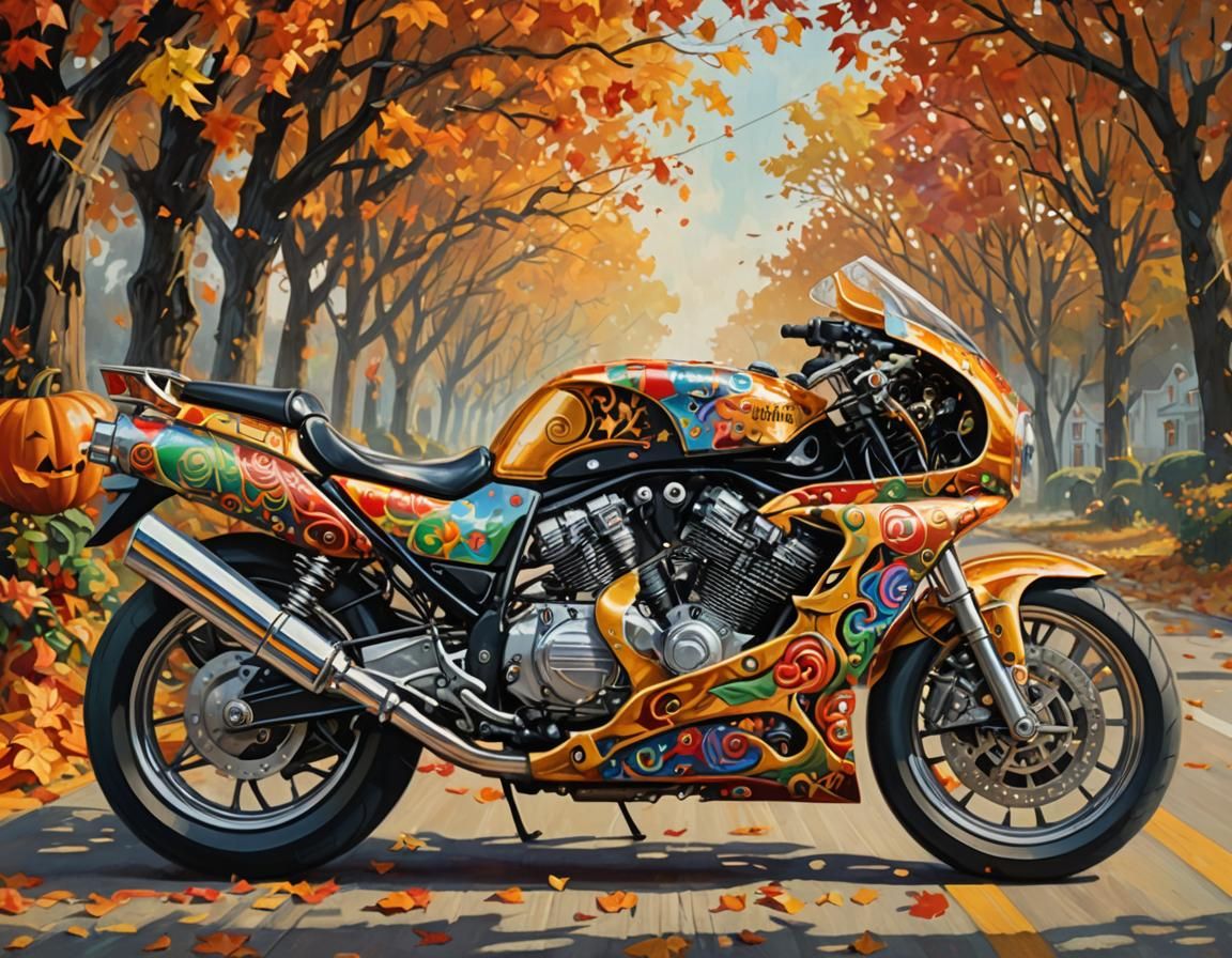 Vintage Motorcycle Halloween Scene in Oil Painting Style