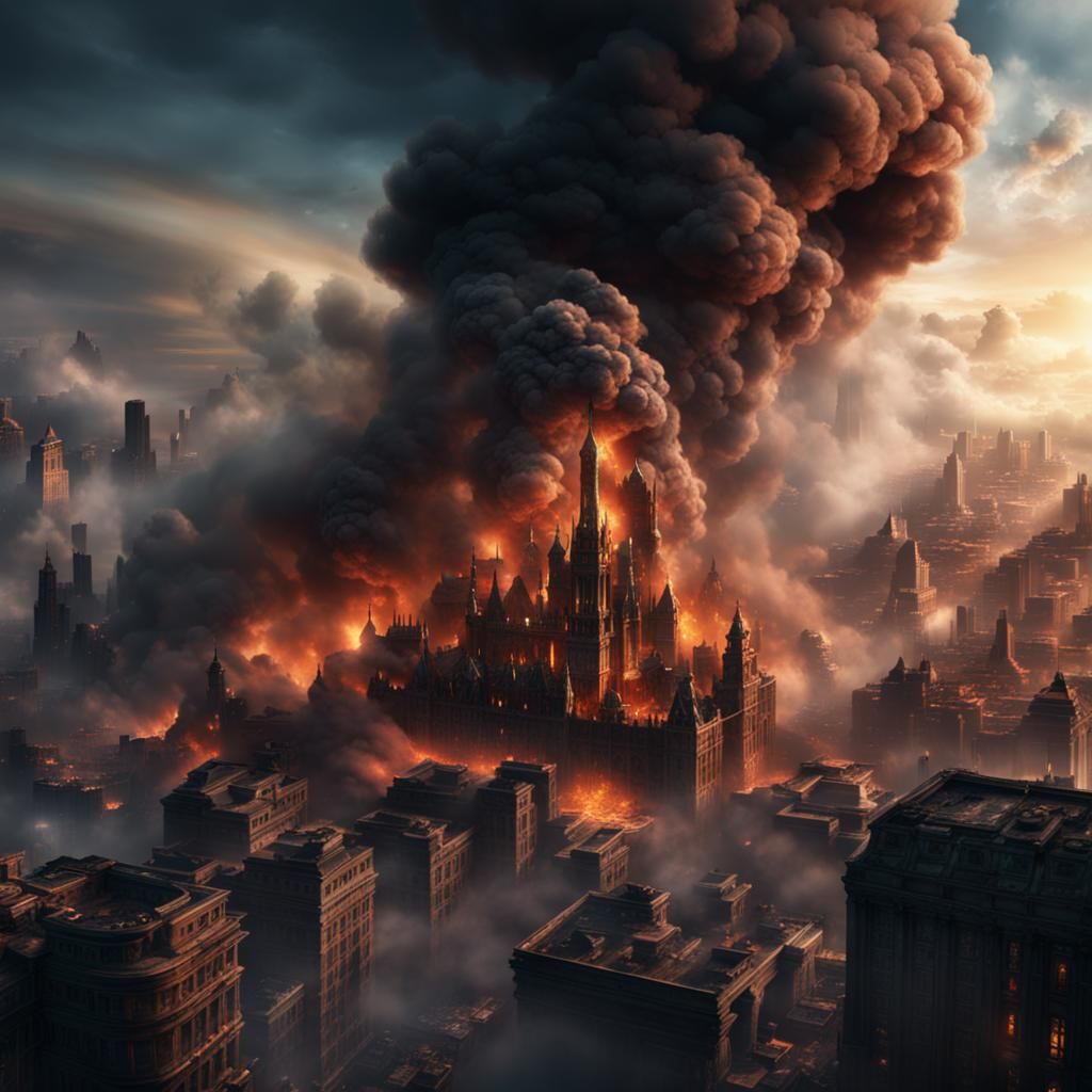 Smoke Billows From Burning City In Detailed Matte Painting