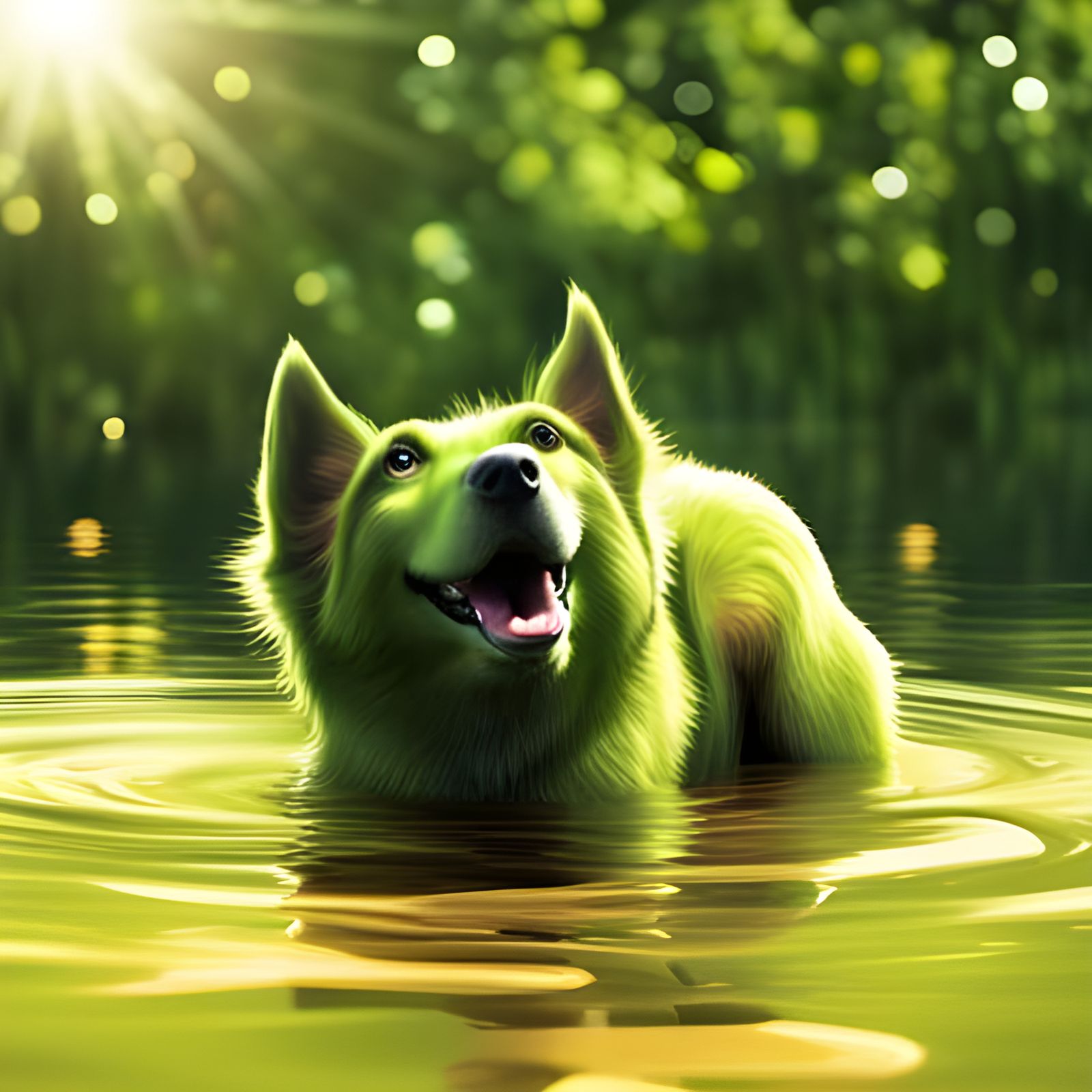 Happy Green Dog in Pond: CGI Render