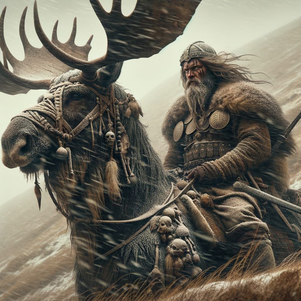Viking and Valkyrie on Battle Moose in Snowstorm