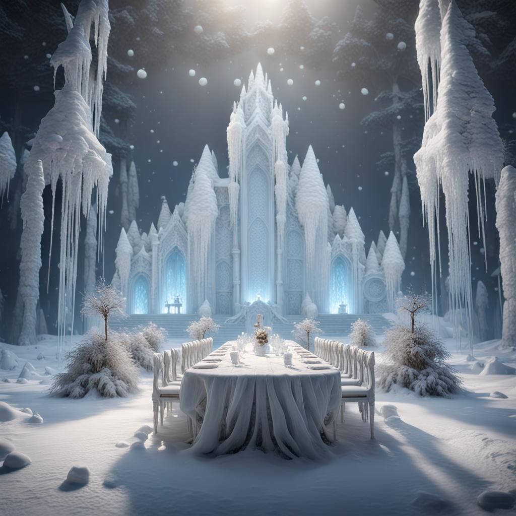 Icy Wedding Banquet in 3D Game Cinematic Style