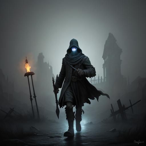 Surreal Cityscape with Lone Figure in Ominous Mist