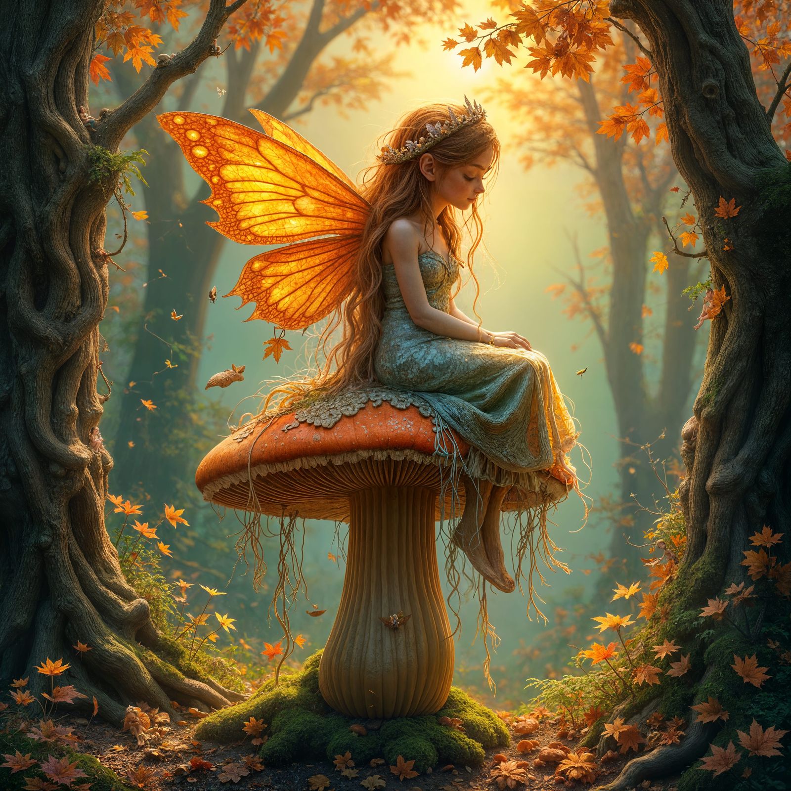 Adorable Fairy on Mushroom in Autumn Forest