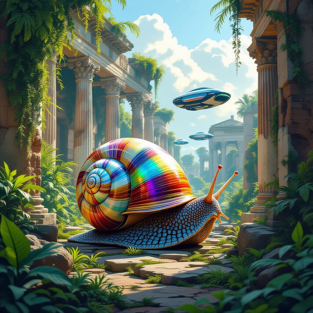 Kaleidoscopic Crystal Snail in Futuristic Roman Ruins