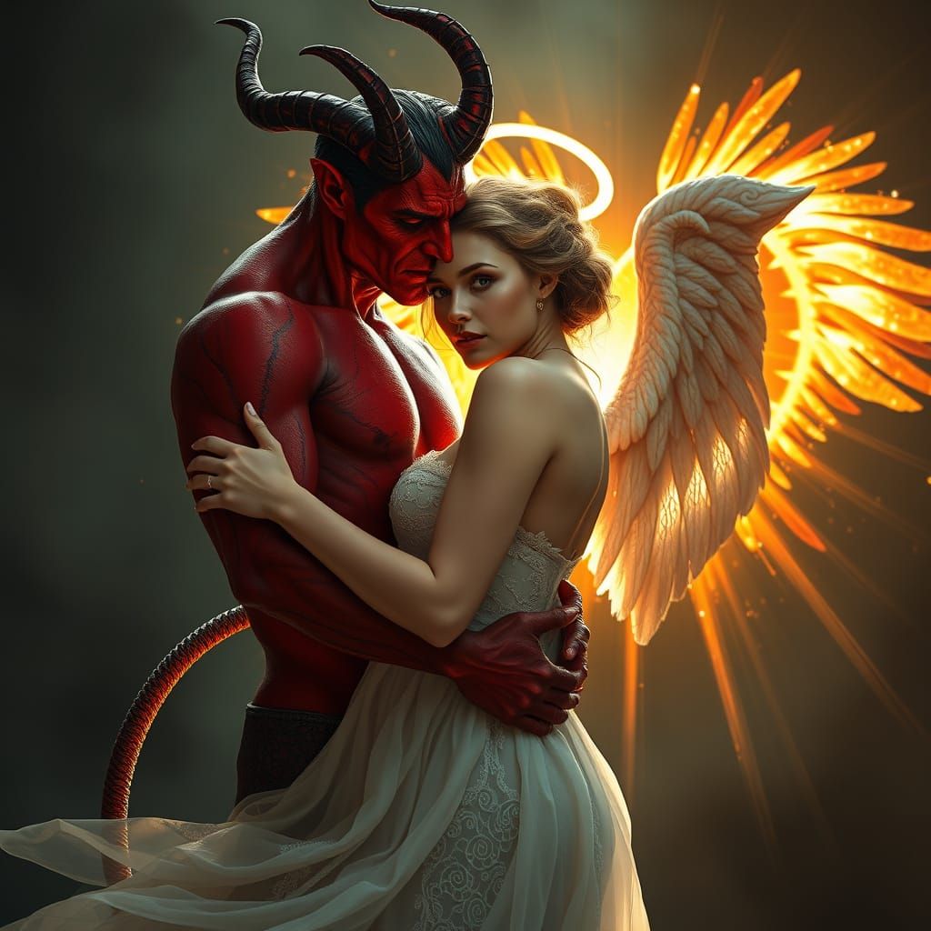 Romantic Demon and Angel Embrace in Ethereal Glow