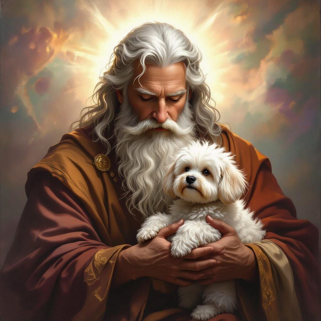 Divine God Cradles Fluffy Dog in Baroque Style