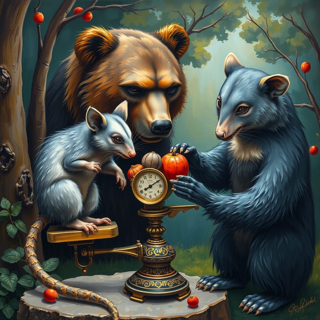 Surrealist Possums Weigh Harvest in a Suburban Garden