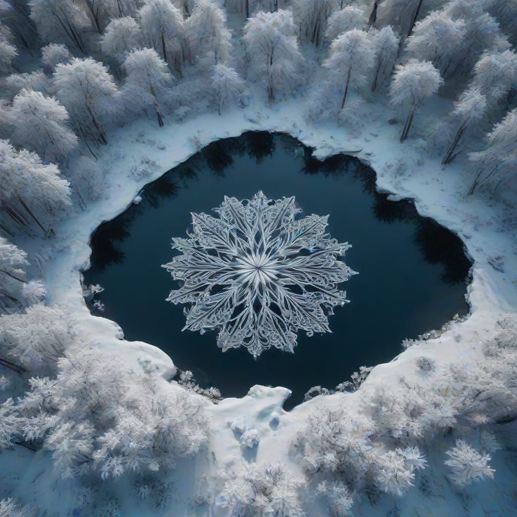 Surreal Snowy Landscape with Lotus Silhouette in Icy Blue Hu...