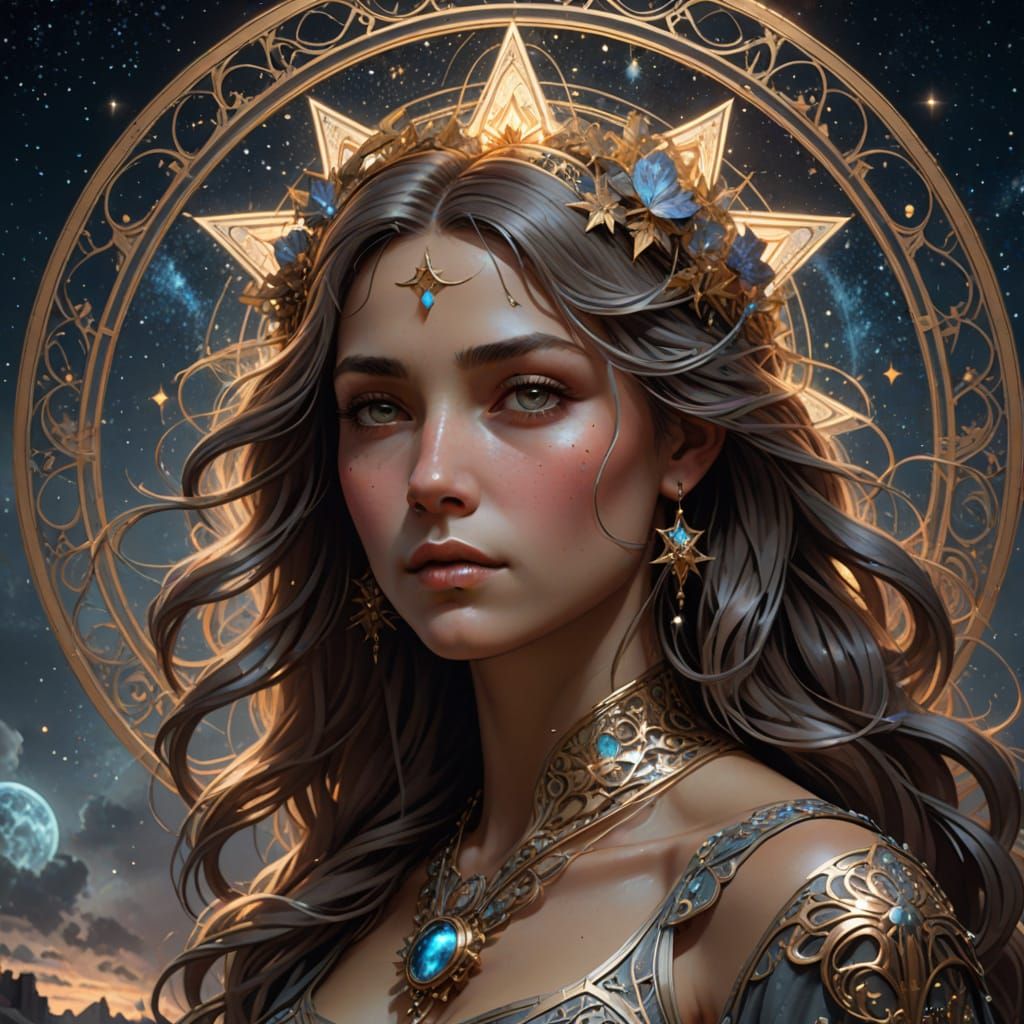 Celestial Princess in Starry Night Art Nouveau Style