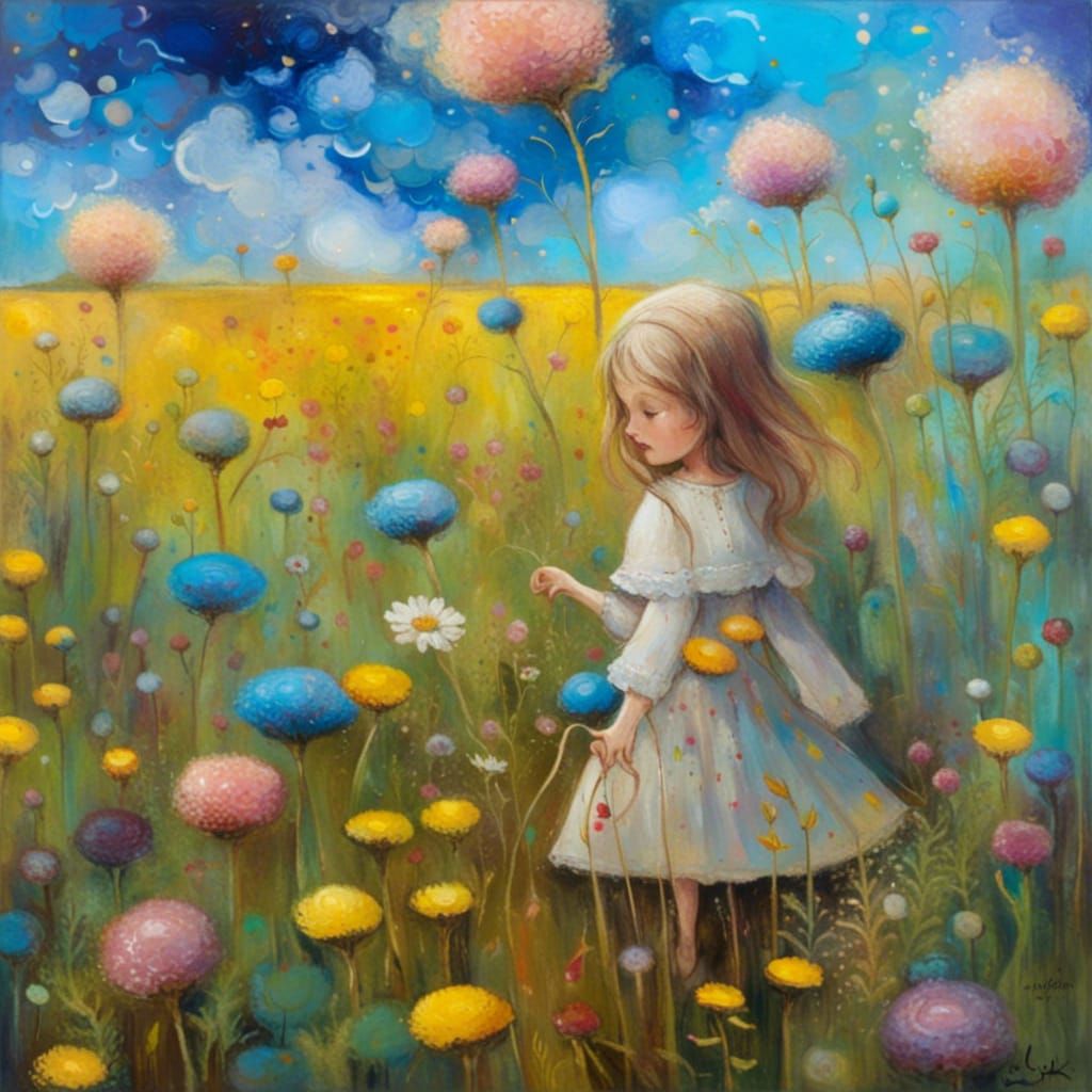 Dollhouse in Wildflower Field: Expressionist Oil Painting