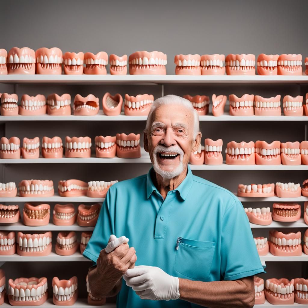 Man Poses with His Denture Collection
