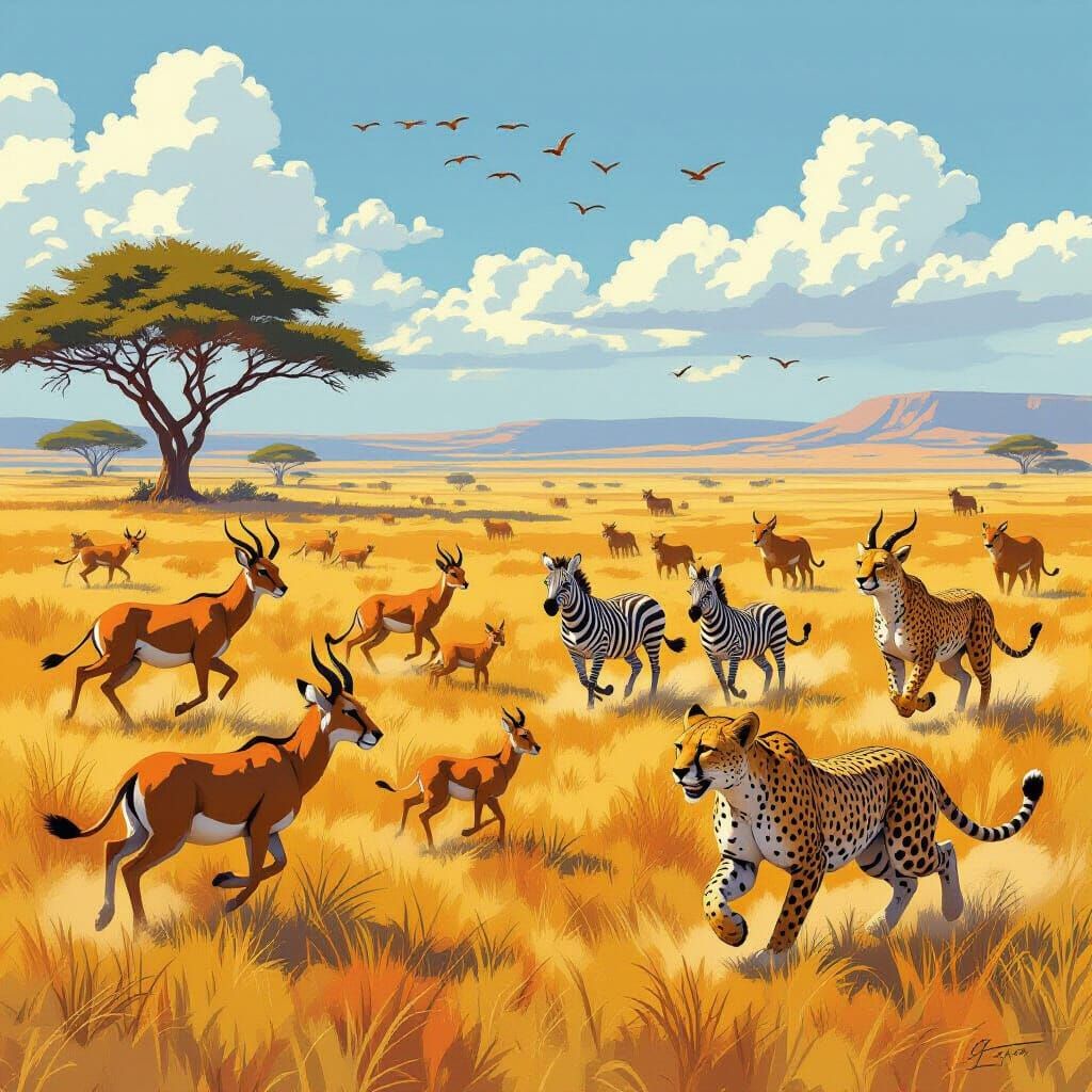 Savannah Wildlife: Prey Fleeing Predators in Digital Art Sty...