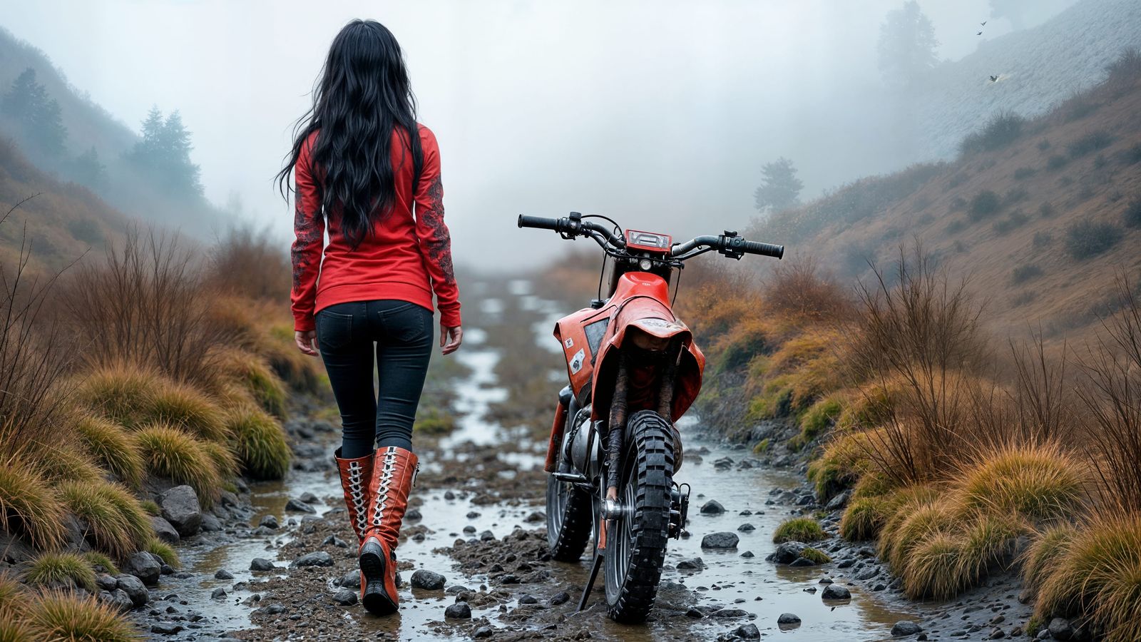 Woman Pushes Dirt Bike on Misty Mountain Trail