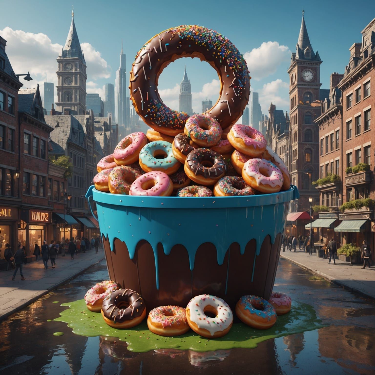 Giant Donut Bucket in City, Matte Painting
