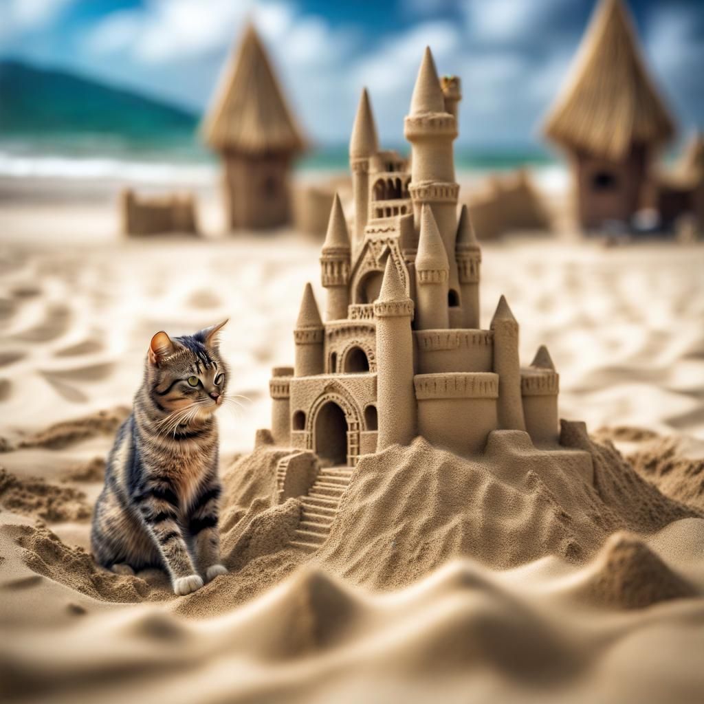 Hyperrealistic Cat Builds Sandcastle on Beach