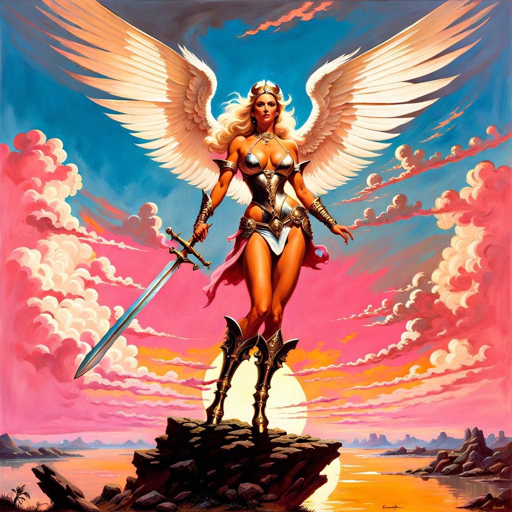 in frank frazetta style in the clouds. pink sky in sunset. Reflections on hourglass body, gorgeous and handsome female a...