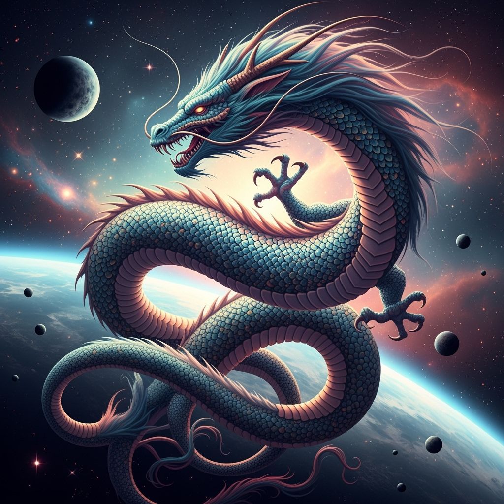 Shifting Iridescent Dragon in Cosmic Nebula Fantasy Art