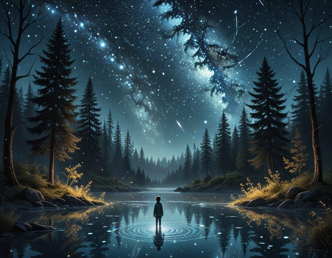 Ethereal Child Gazing at Stars in Magic Pool