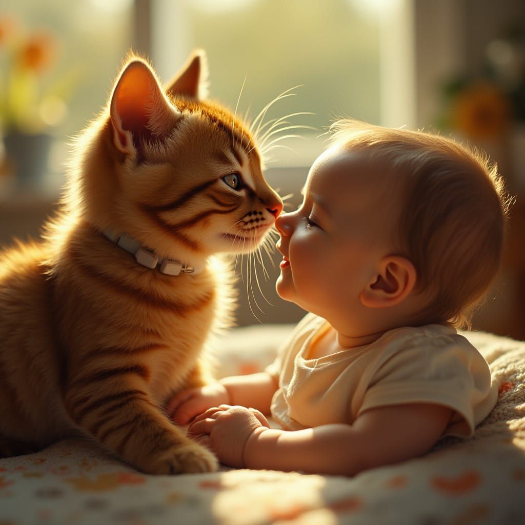 Cute Cat Serenades Baby in Heartwarming Cinematic Portrait