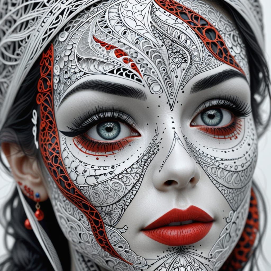 Hyperealistic Woman Face with Zentangle and Fractal Art