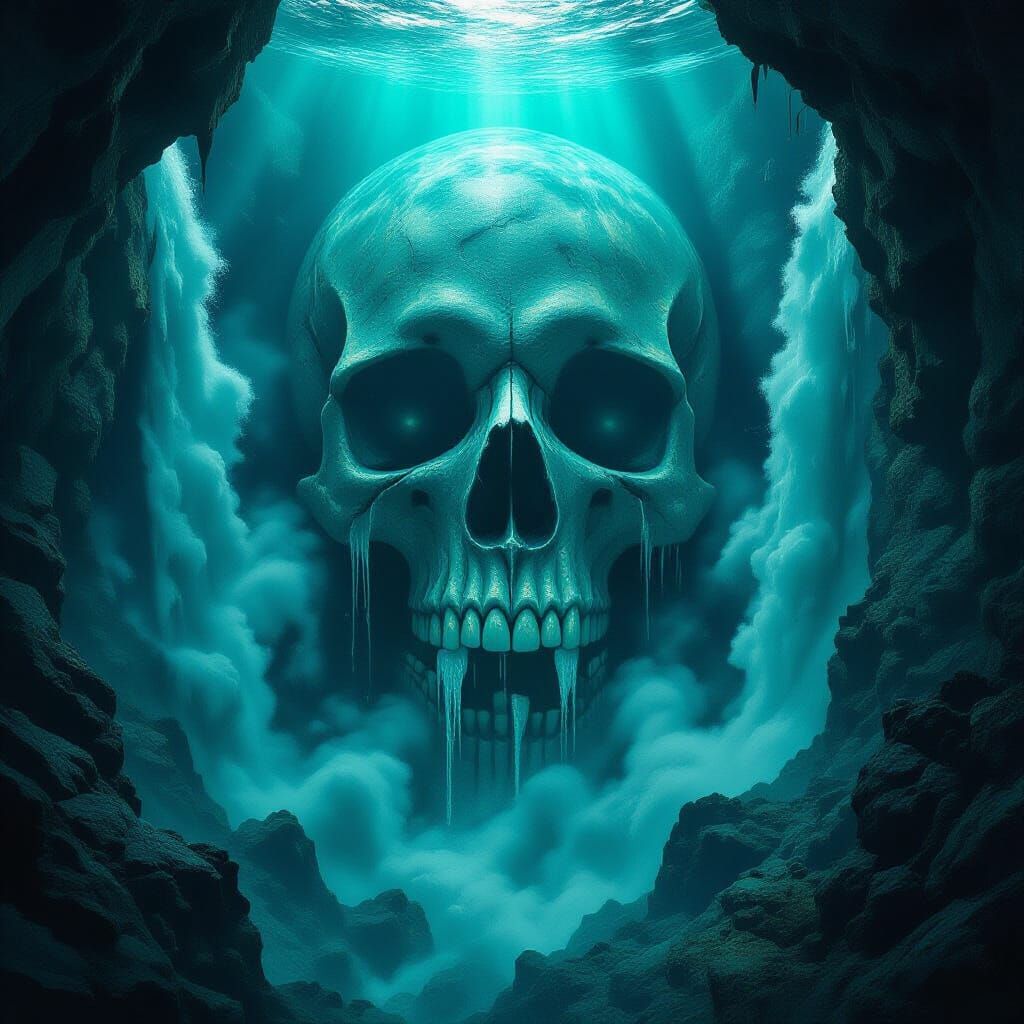 Sinister Waterfall Cascades into Underwater Skull Cavern