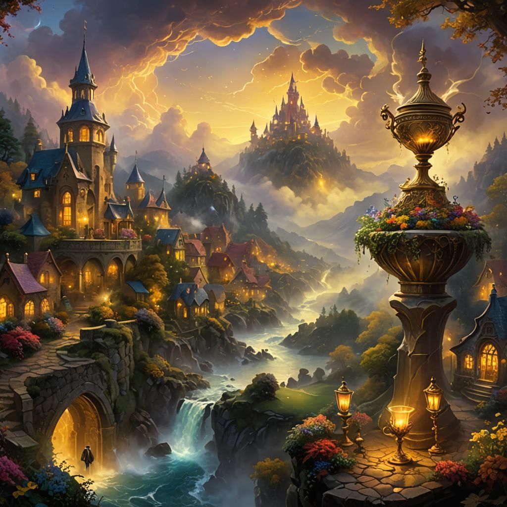 Romantic Fantasy Novel Cover Art in Kinkade Style