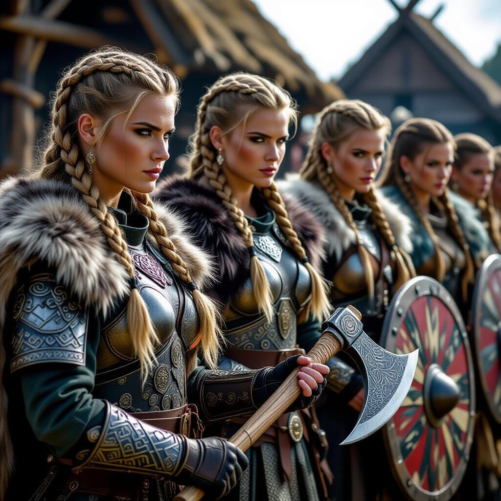 Female Viking Warriors Prepare for Battle in Realistic Style