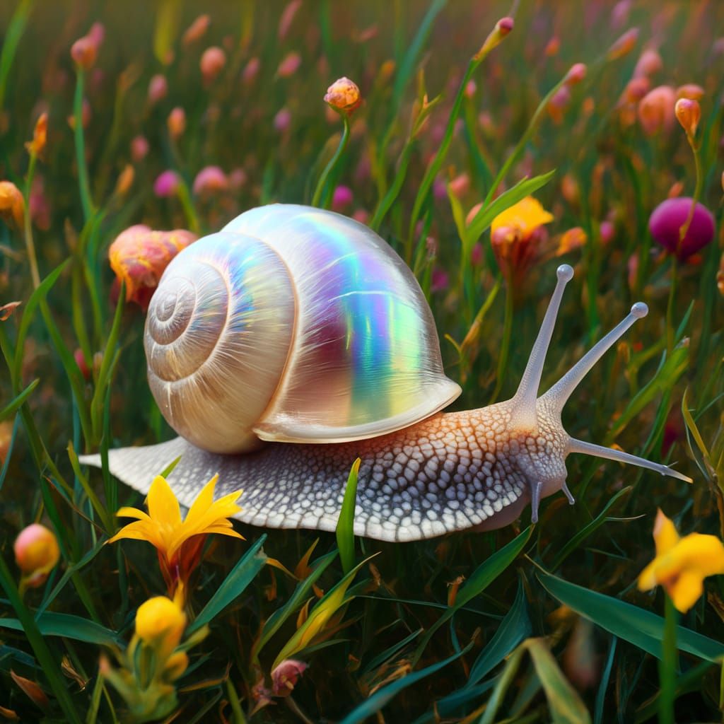 Iridescent Snail Shell Amidst Flowers
