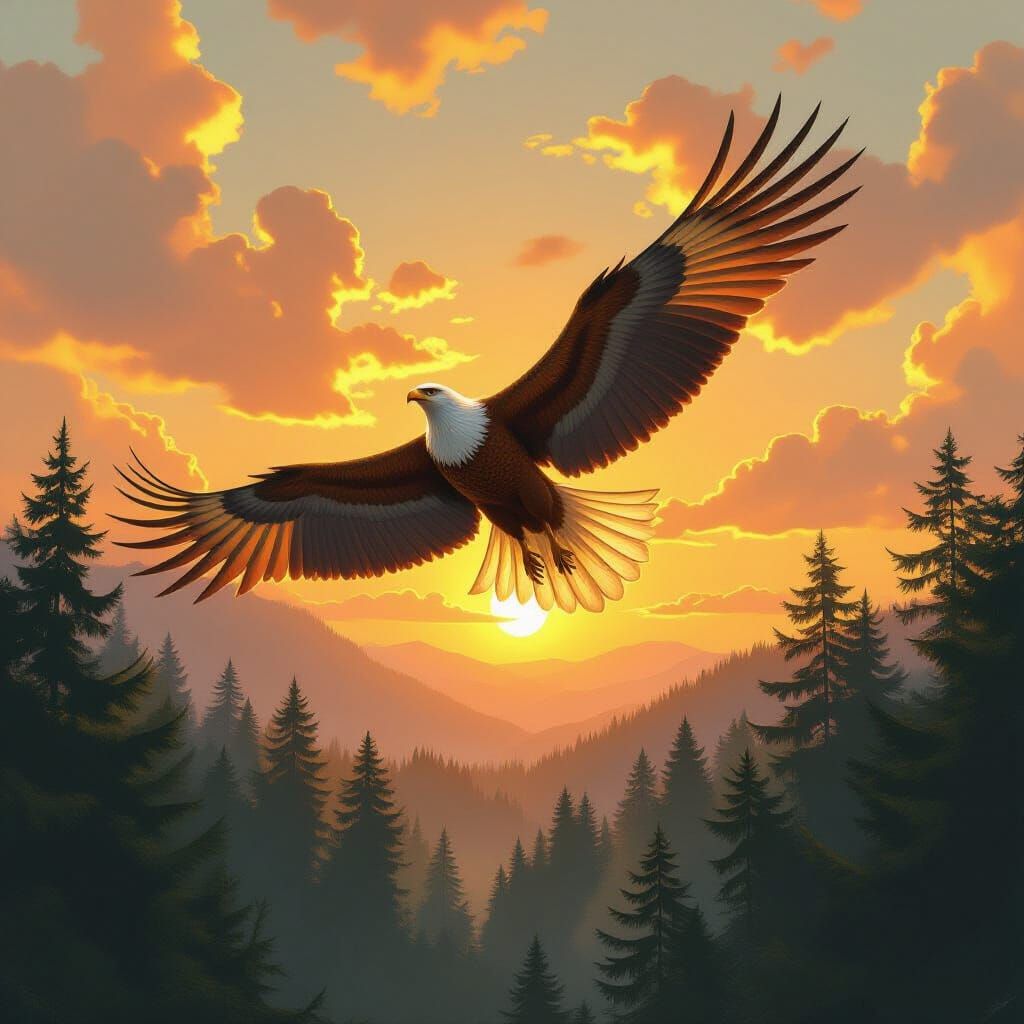 Griffin Soaring Over Ancient Forest at Sunset