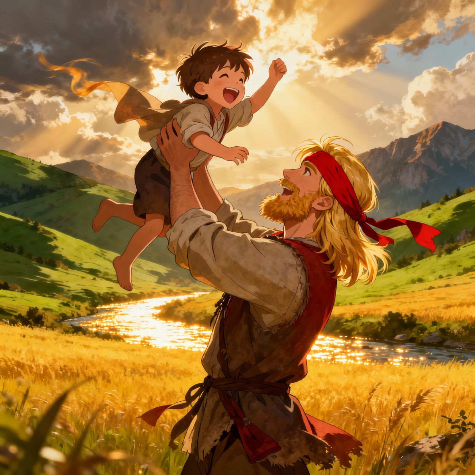 Anime Father Lifts Laughing Son in Breathtaking Landscape