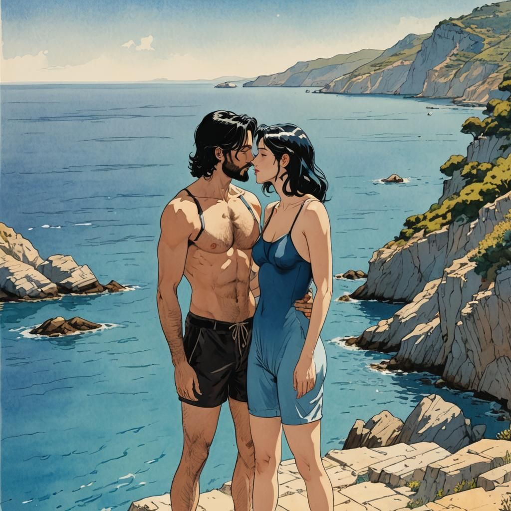 Romantic Couple Kissing in Mediterranean Cove, Anime Style