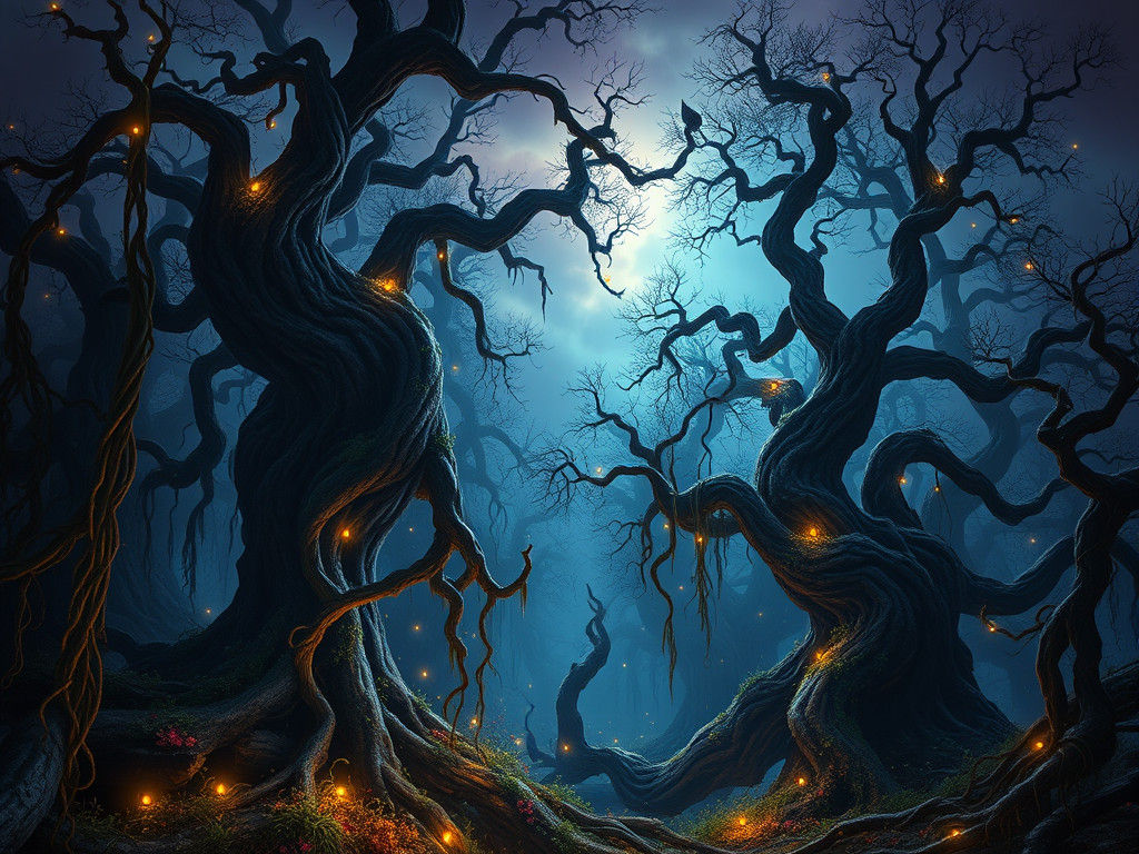 Mystical Glowing Forest at Night in Digital Painting Style