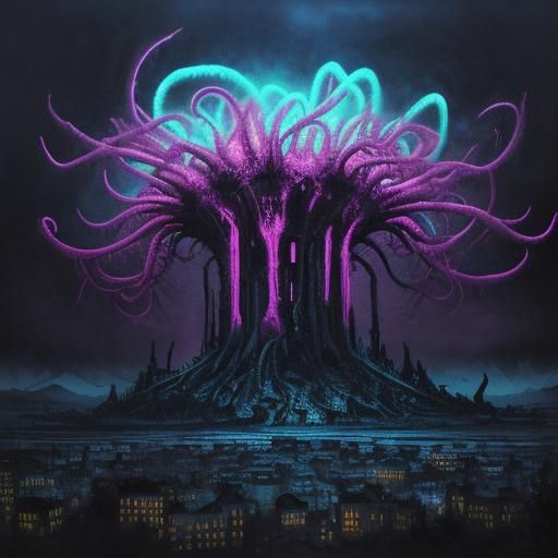 Surreal Ruined City with Tentacled Creature in Fauvist Style