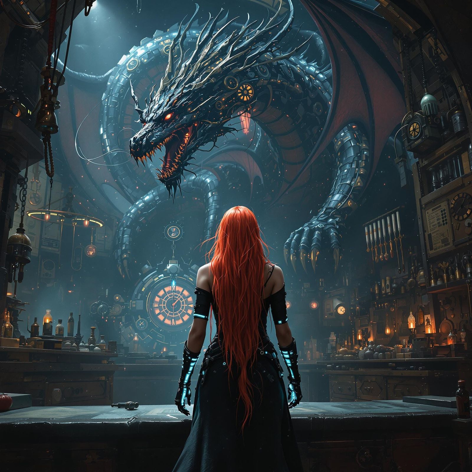 Gothic Artificer and Clockwork Dragon in Dark Fantasy Style