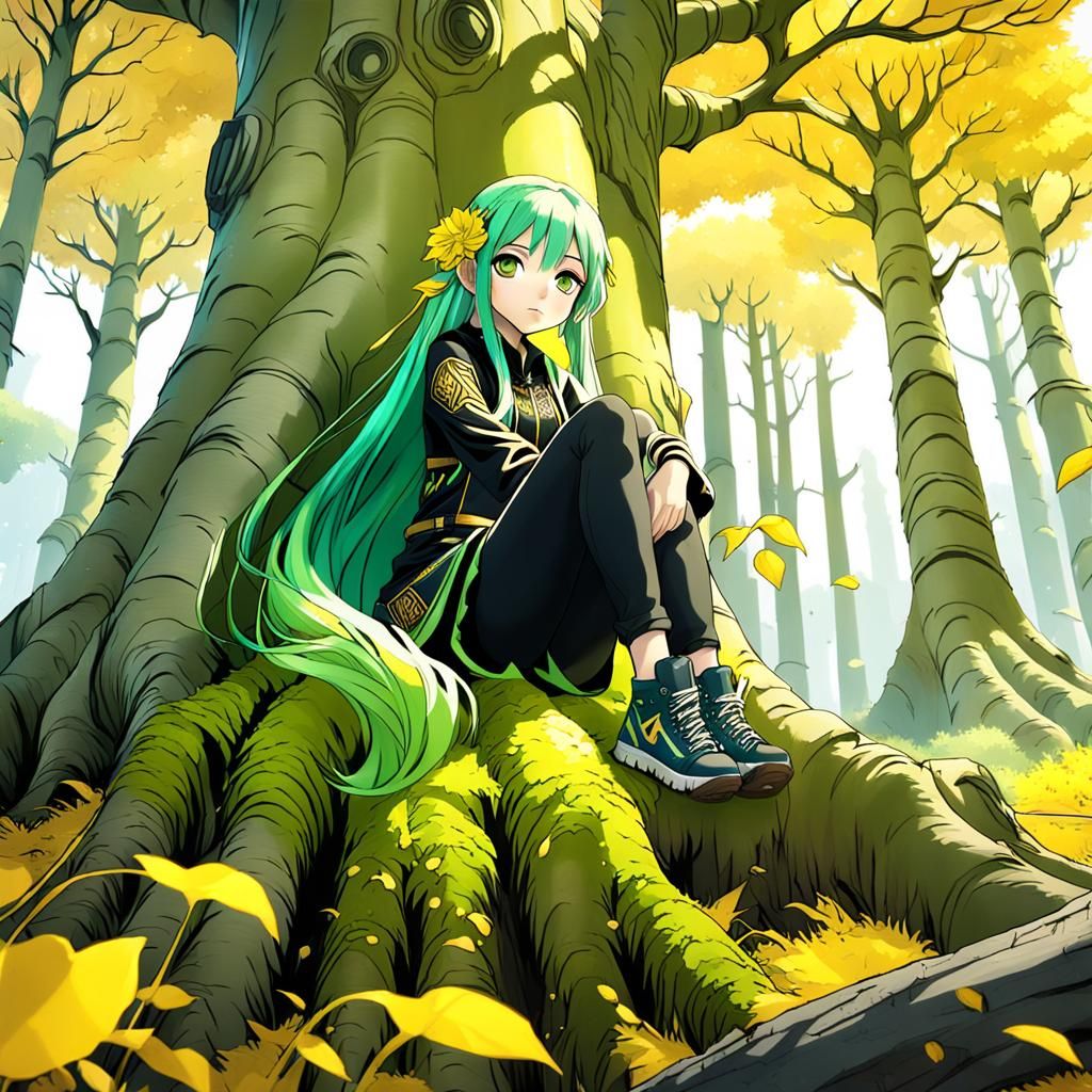 Anime Girl at the Foot of Golden Aspen Tree